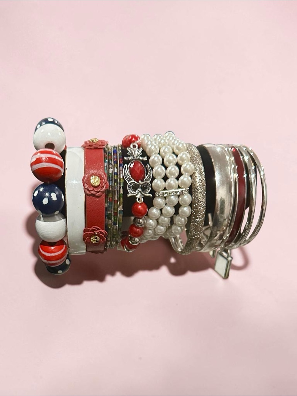 Patriotic Red White Blue Beaded Bracelet Stack Silver Bangle Pearl Set - Picture 2 of 5